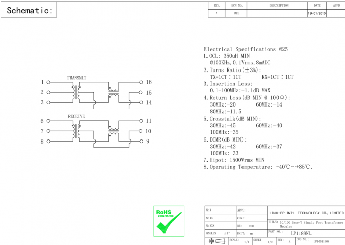 H1601CG μετασχηματιστής του τοπικού LAN Magnetics LP1102NL 10/100Base-τ Ethernet SMT