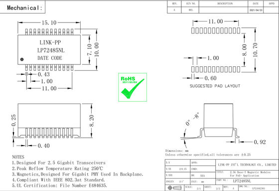 Μαγνητικές ενότητες LP72485NL του τοπικού LAN QT24A154P 2.5G βάση-τ PoE+